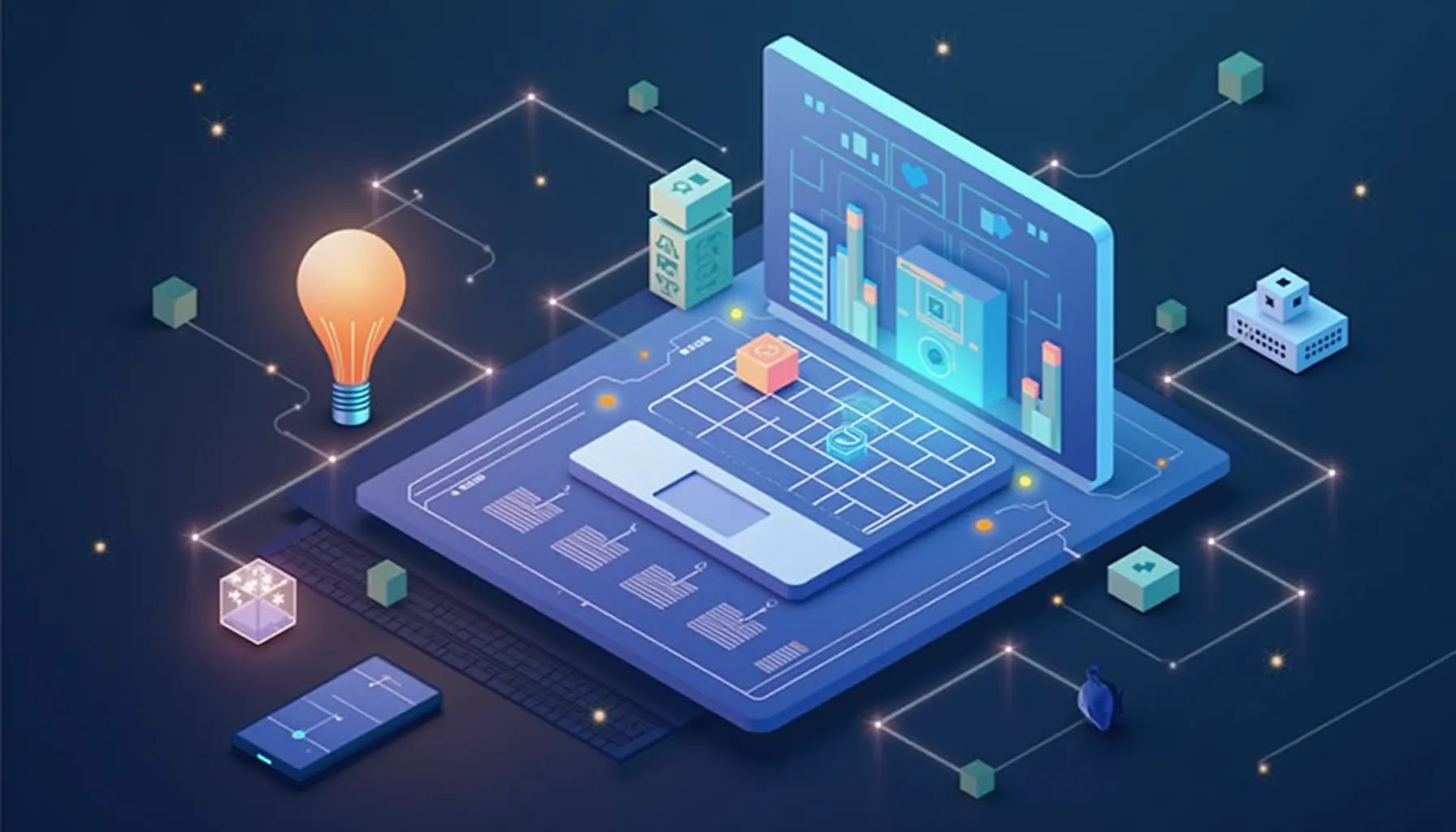 A futuristic laptop with charts illustrates What is GEO or AEO? in a digital scene.