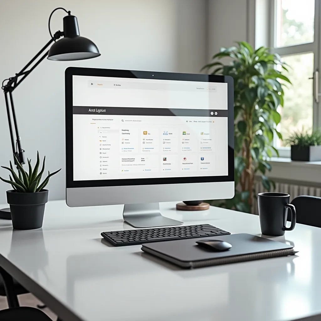 Modern desk setup with a computer displaying a dashboard, best internal linking tools for SEO.