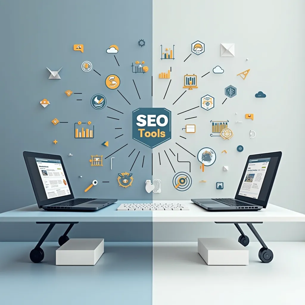 Two laptops on a desk display Surfer SEO alternatives for agencies with floating icons.