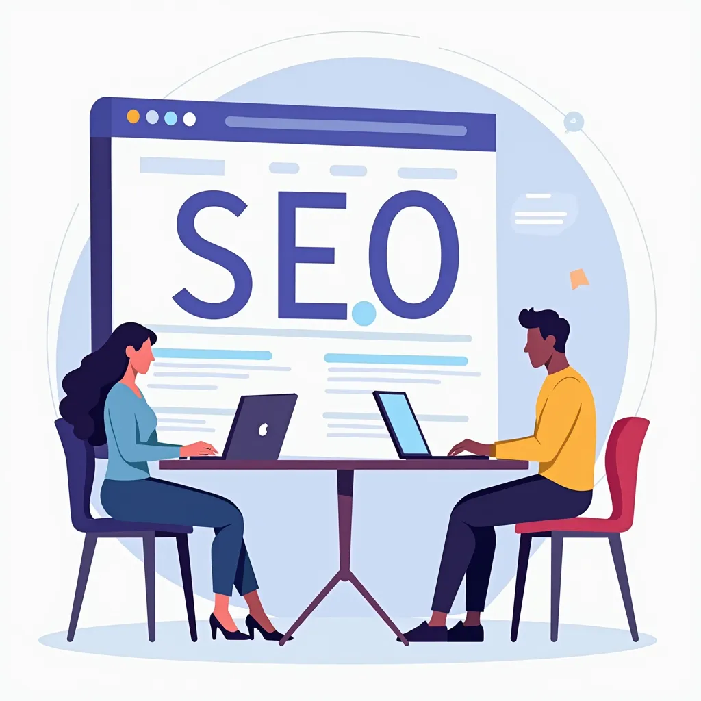 Two teammates work on laptops as best SEO automation tools for content teams appear on a screen.