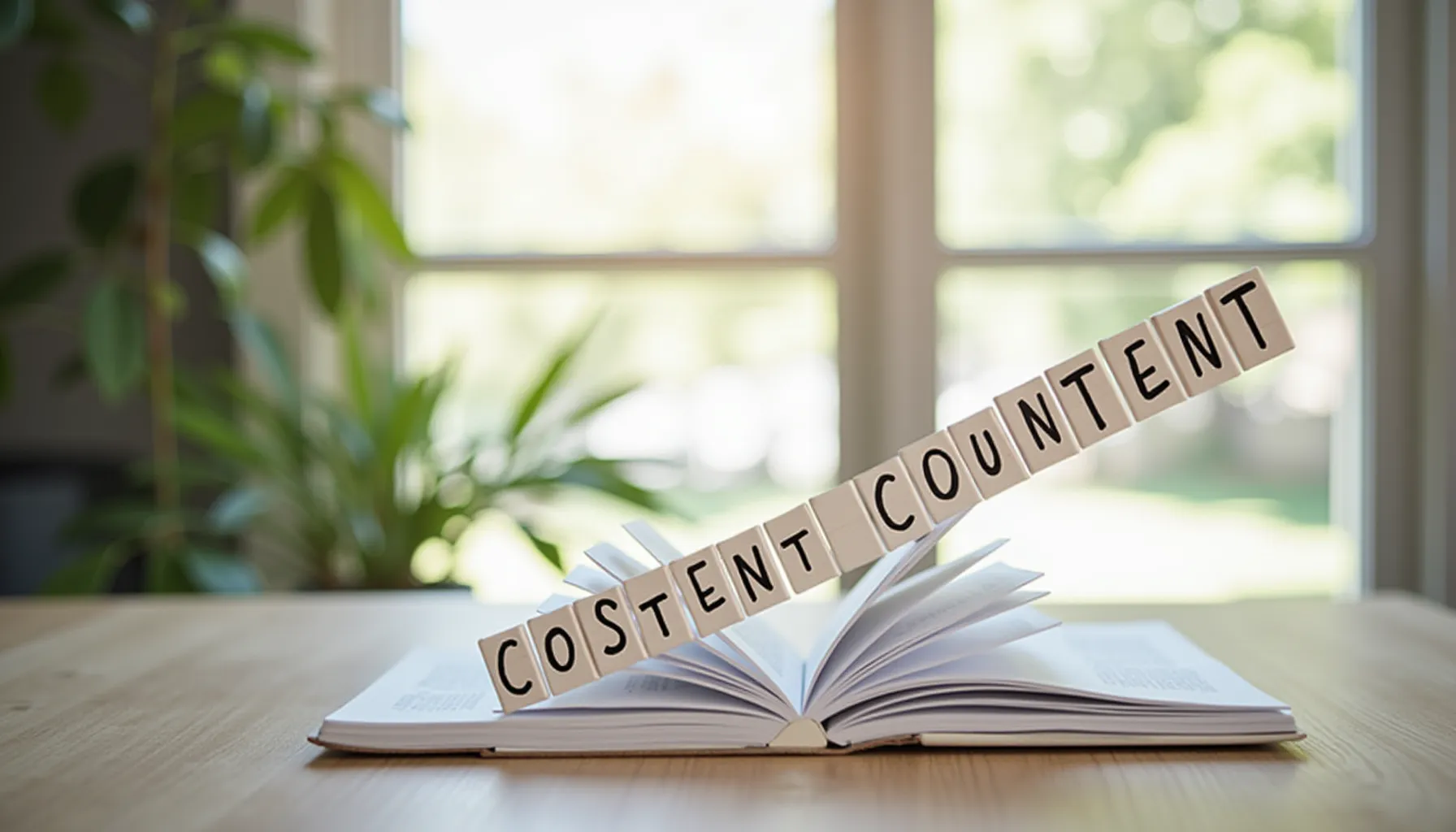 Guide to Content Marketing ROI explained with an open book and content blocks on desk.