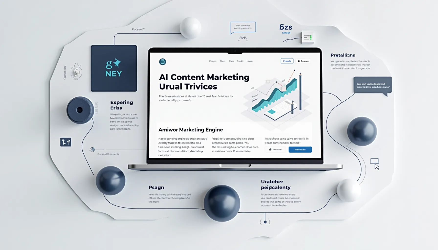 A Guide to AI Content Marketing Tools depicted on a laptop with charts and labels.