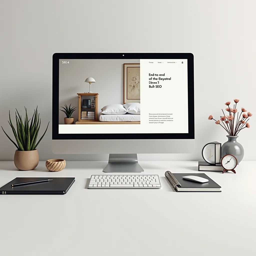 A clean desk with a large monitor displaying layout, Content Zen vs Jasper for bulk SEO content.