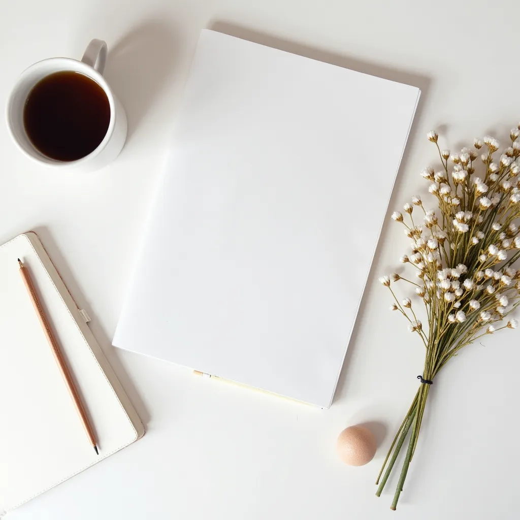 Desk with blank notebook and coffee, flowers, how to build topical authority with content clusters.