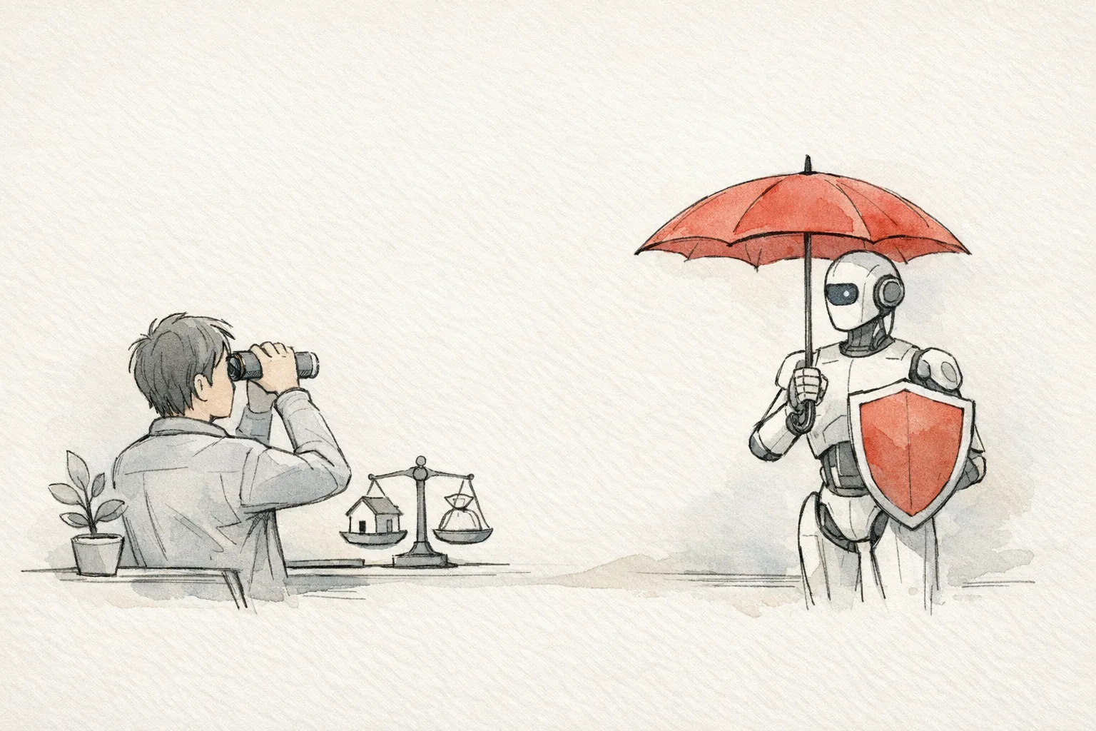 Best places to invest 2026: a person using binoculars watches a robot with umbrella and shield.